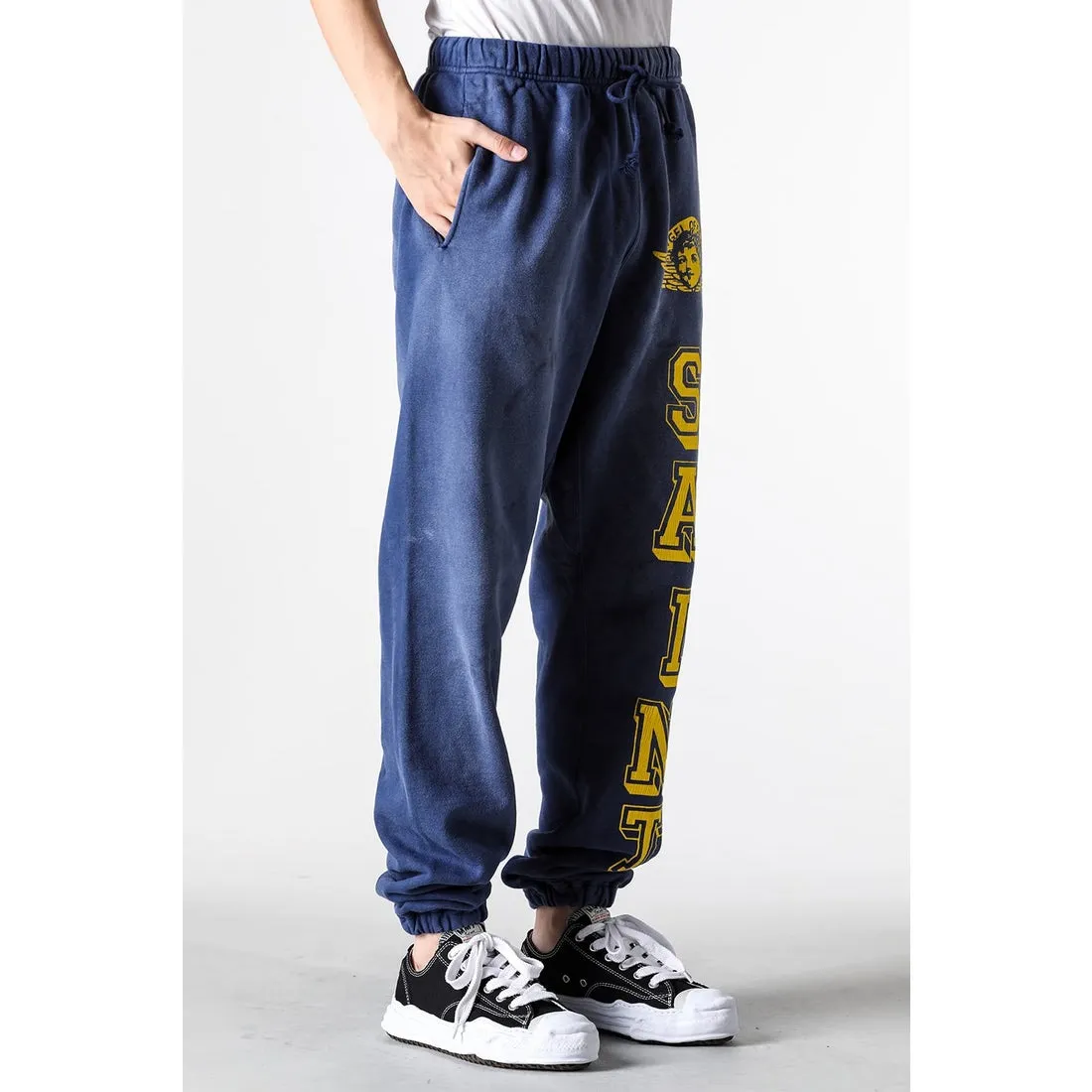 SAINT M×××××× ANGEL SWEATER PANTS/NAVY Angel Reborn Blue Sweatpants Washed Blue S-XL Assute Garment Dyeing Full Clothes Water Fading Dirty and Distressed New Vintage Ceiling God Cut Original Same Style